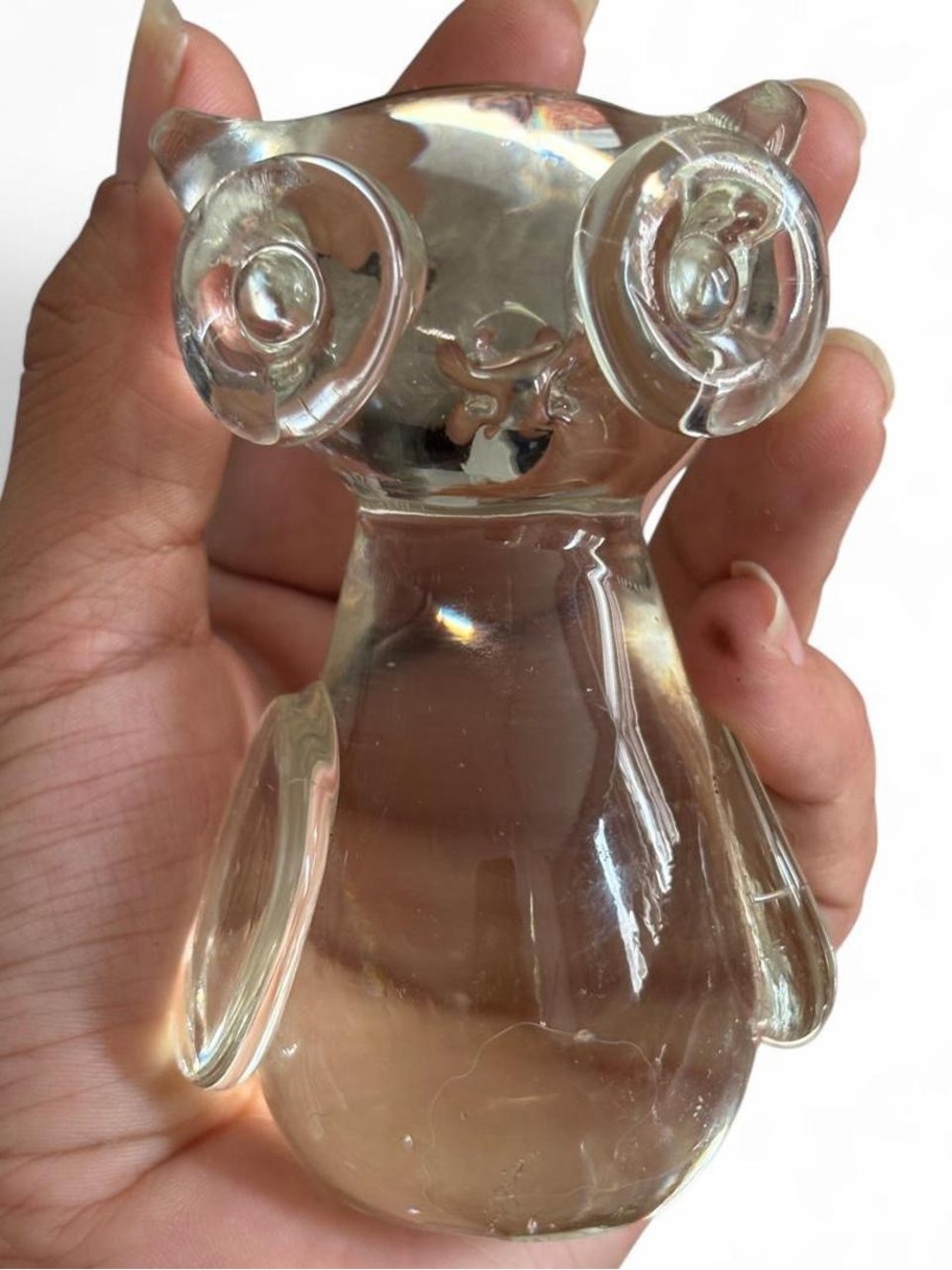 Vintage Clear Art Glass Owl Figurine Paperweight Big Eyes Horns Standing Bird
